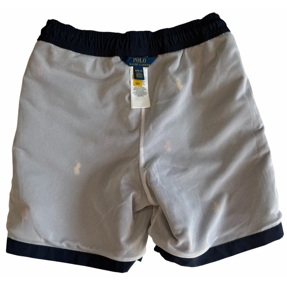 Polo Ralph Lauren Young Boys Navy Blue AOP Logo Swim Trunks Shorts Size M 10/12